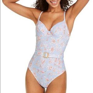 NWOT What We Wore L Danielle Belted 1PC Halogen Blue Flower Swimsuit 118987